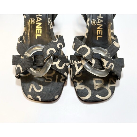 Chanel Slingback Heels Logo Printed Canvas Black & White Cross Sandals Sz 36 6 - Picture 5 of 11